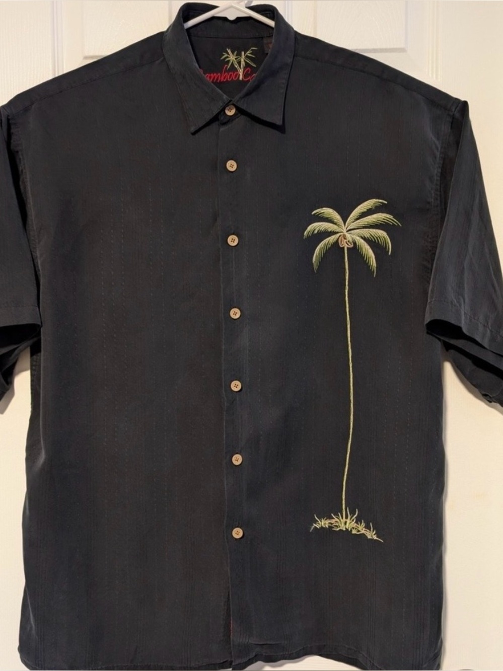 Men's Charcoal Grey Casual Button-Down Shirt with Palm Embroidery